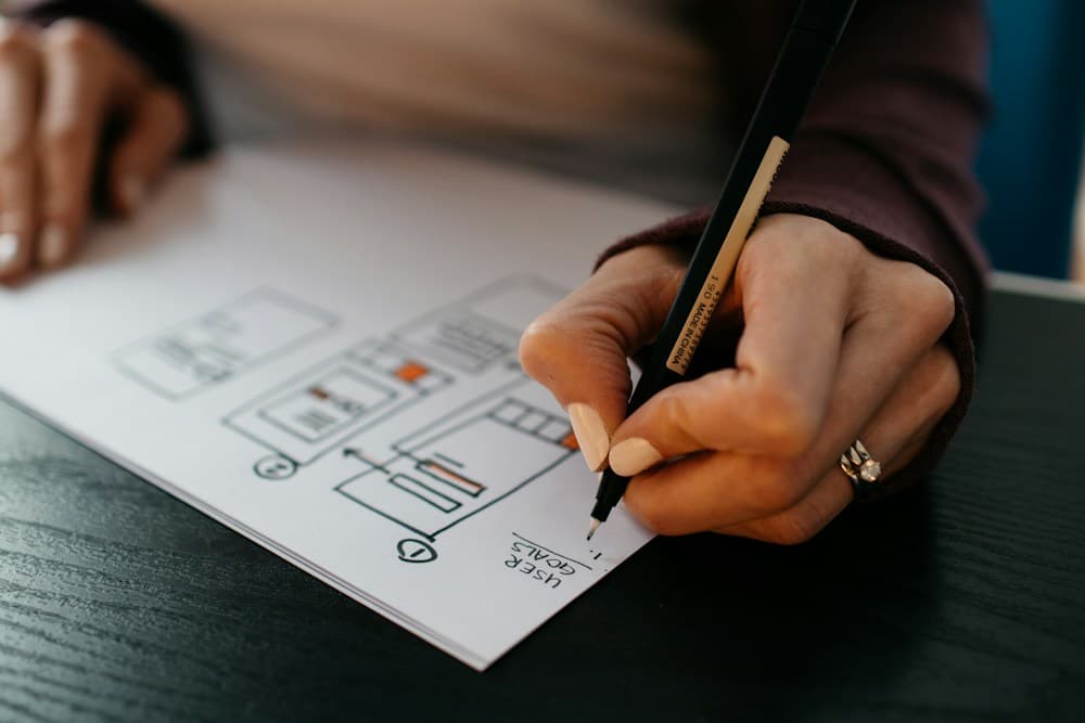 A designer sketching interface wireframes and user flows on paper
